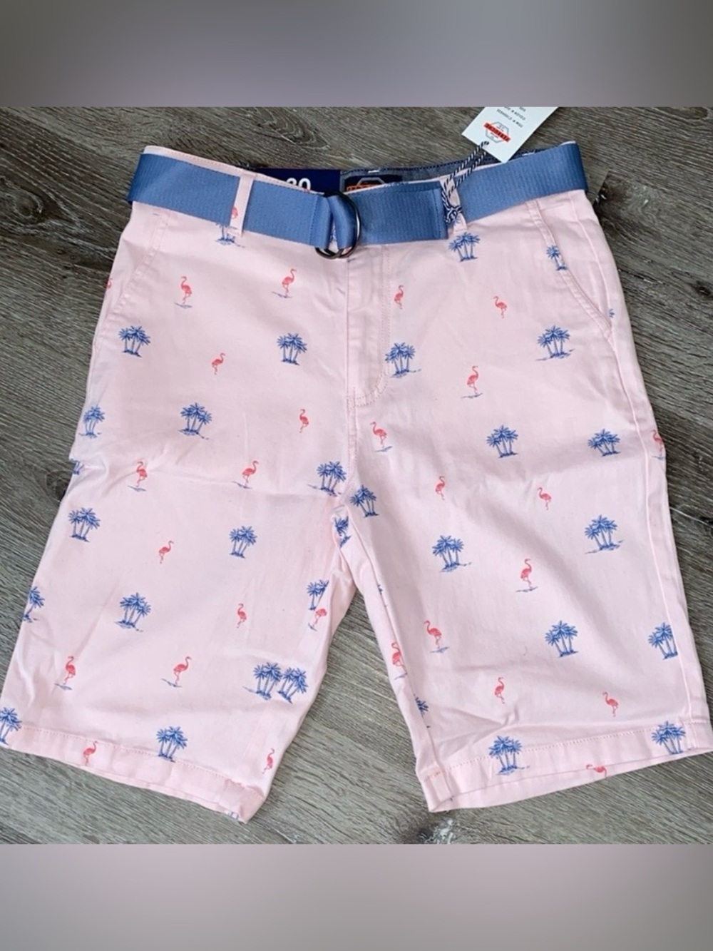 Ferruche Mens Stretch Golf Shorts Pink With Palm Trees And Flamingos NWT
